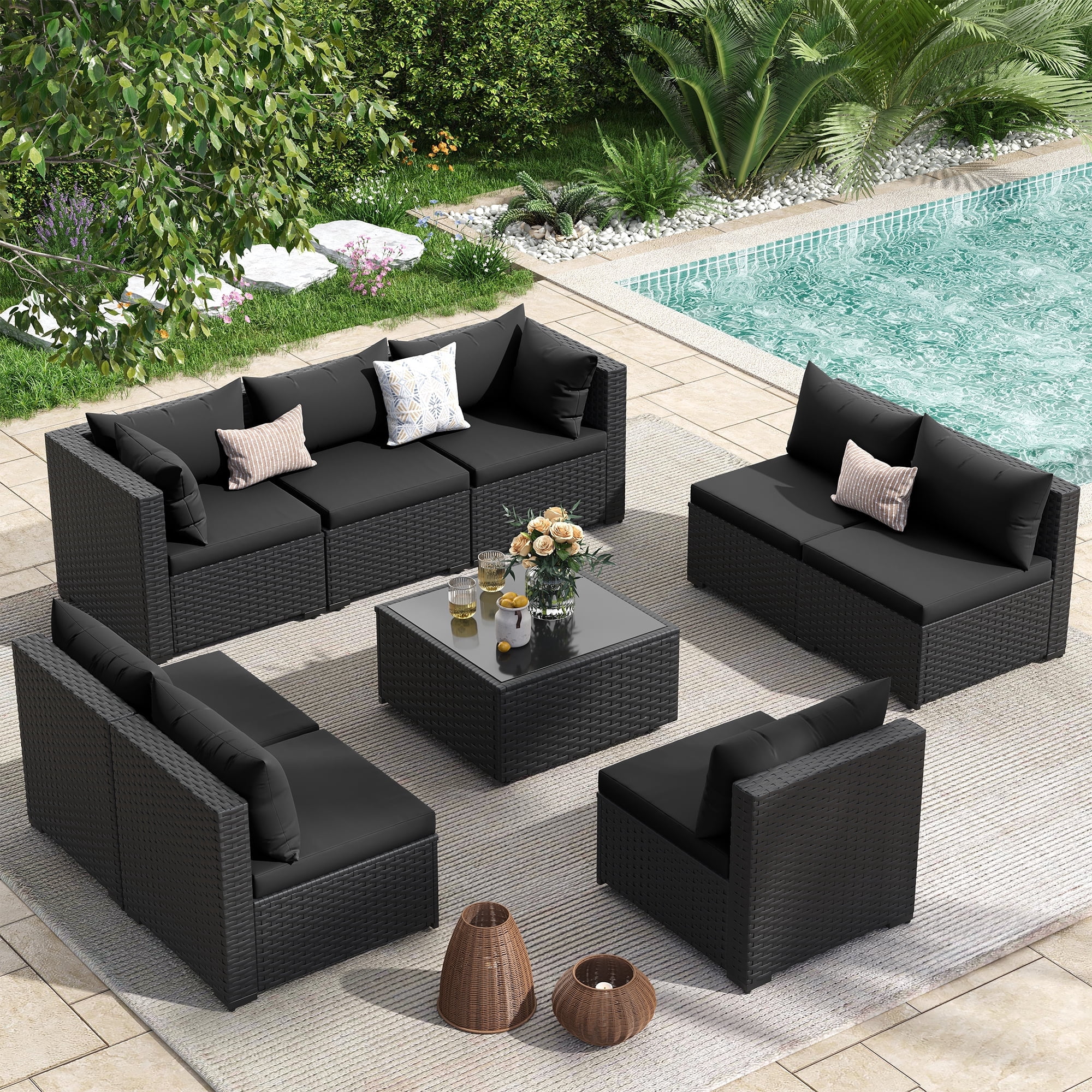 POTEBAN 9 Pieces Patio Conversation Set, Outdoor Black PE Wicker Sectional Sofa for Backyard Garden, Black