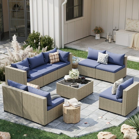 POTEBAN 9 Pieces Patio Furniture Sets, Modular Rattan Outdoor Patio Sectional Furniture Sofa Set, Wicker Patio Conversation Set for Backyard, Haze Blue