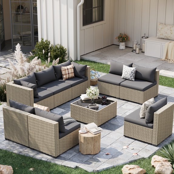 POTEBAN 9 Pieces Rattan Outdoor Patio Conversation with Coffee Table and Sofa, Sectional Sofa Set with Cushions for Backyard, Gray