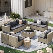POTEBAN 9 Pieces Rattan Outdoor Patio Conversation with Coffee Table and Sofa, Sectional Sofa Set with Cushions for Backyard, Gray