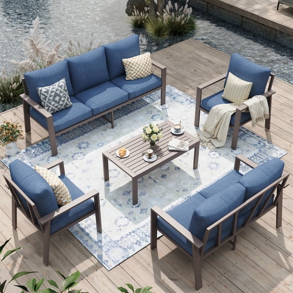 POTEBAN Aluminum Patio Furniture Set, Modern Metal Outdoor Sectional Sofa, Patio Conversation Sets with Side Table for Poolside, courtyard,Blue