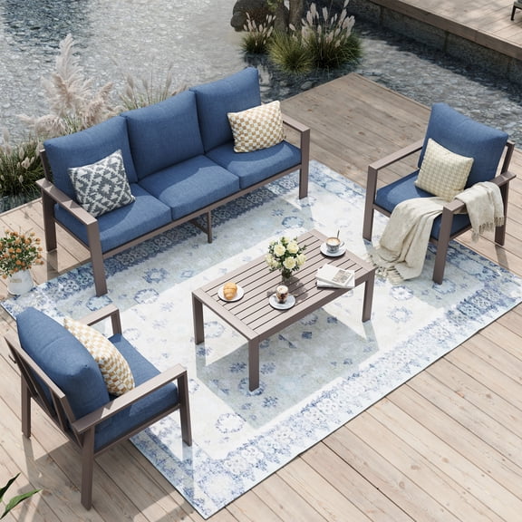 POTEBAN Aluminum Patio Furniture Set, Modern Metal Outdoor Sectional Sofa, Patio Conversation Sets with Side Table for Poolside, courtyard,Blue