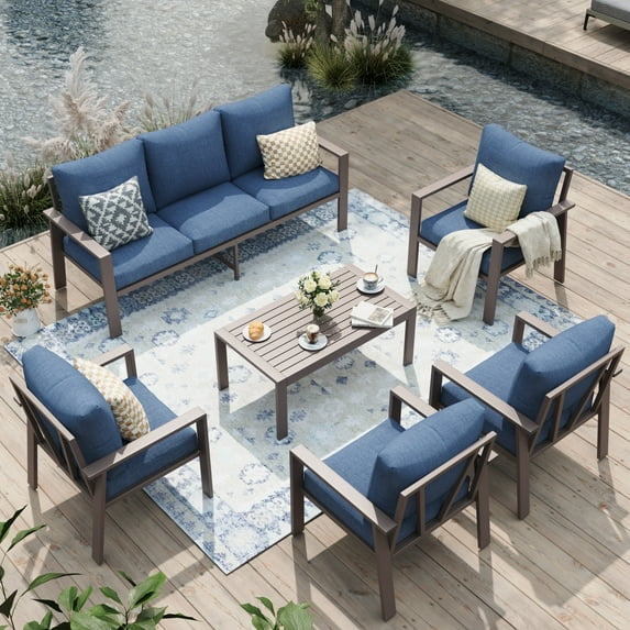 POTEBAN Aluminum Patio Furniture Set, Modern Metal Outdoor Sectional Sofa, Patio Conversation Sets with Side Table for Poolside, courtyard,Blue