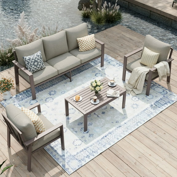 POTEBAN Aluminum Patio Furniture Set, Modern Metal Outdoor Sectional Sofa, Patio Conversation Sets with Side Table for Poolside, courtyard,Khaki