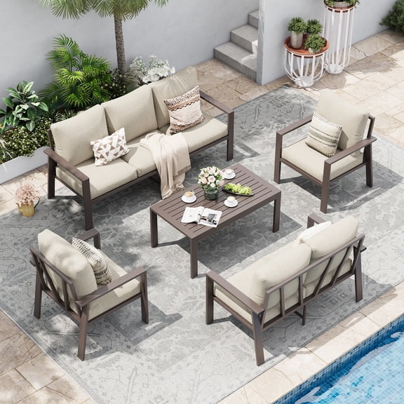 POTEBAN Aluminum Patio Furniture Set, Modern Metal Outdoor Sectional Sofa, Patio Conversation Sets with Side Table for Poolside, courtyard,Khaki