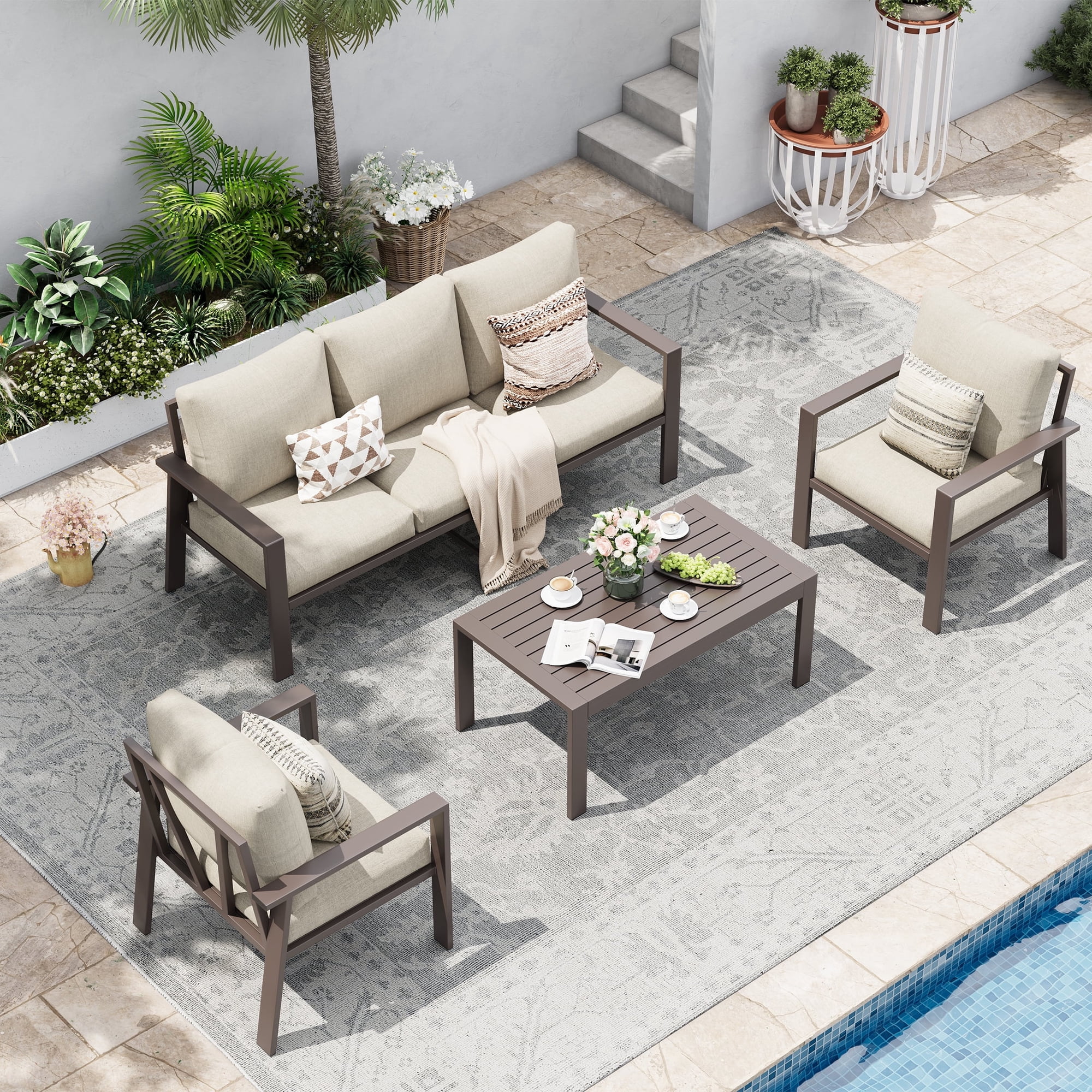 POTEBAN Aluminum Patio Furniture Set, Modern Metal Outdoor Sectional Sofa, Patio Conversation Sets with Side Table for Poolside, courtyard,Grey