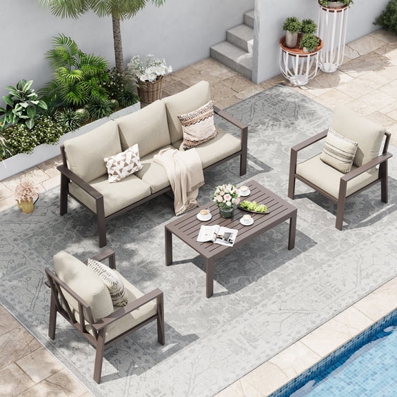 POTEBAN Aluminum Patio Furniture Set, Modern Metal Outdoor Sectional Sofa, Patio Conversation Sets with Side Table for Poolside, courtyard,Khaki