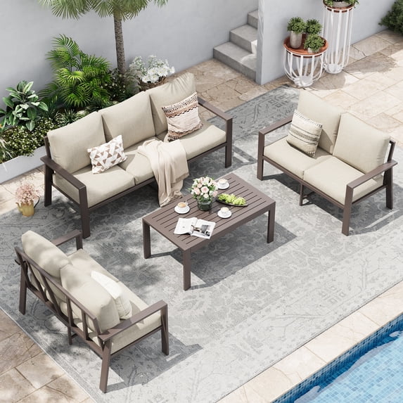 POTEBAN Aluminum Patio Furniture Set, Modern Metal Outdoor Sectional Sofa, Patio Conversation Sets with Side Table for Poolside, courtyard,Khaki