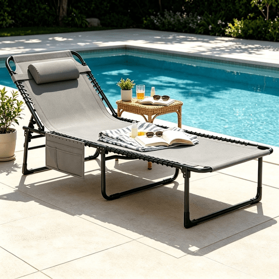 POTEBAN Outdoor Lounge Chair, Heavy Duty Reclining Chaise for Poolside, Patio, Light Gray