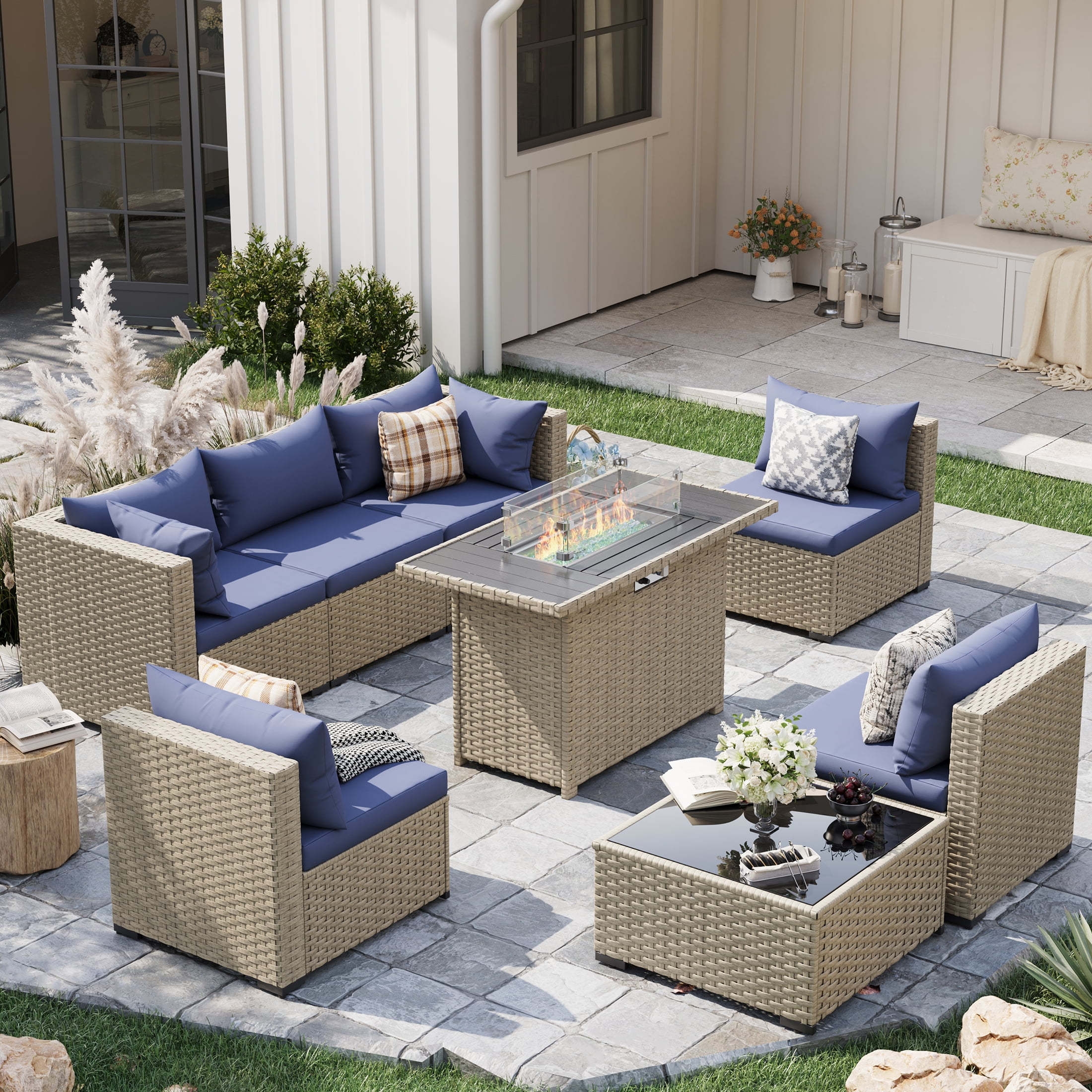 POTEBAN Outdoor Patio Furniture Set with Fire Pit Table, 8 Piece Outdoor Sectional Sofas, All-Weather Wicker Patio Conversation Set for Garden, Haze Blue