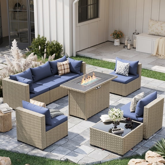 POTEBAN Outdoor Patio Furniture Set with Fire Pit Table, 8 Piece Outdoor Sectional Sofas, All-Weather Wicker Patio Conversation Set for Garden, Haze Blue