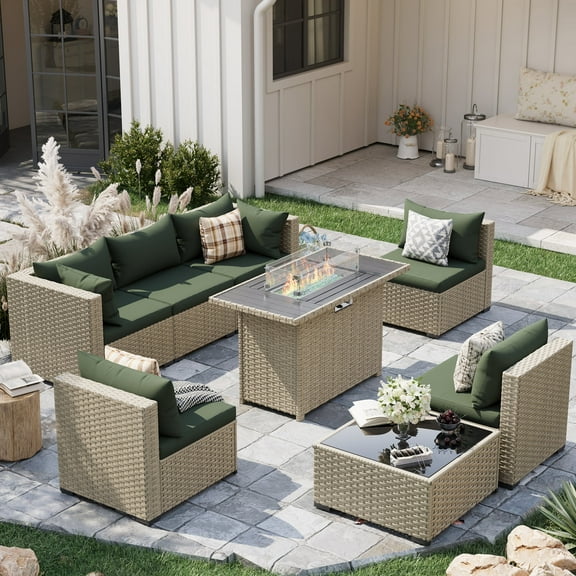 POTEBAN Outdoor Patio Furniture Set with Fire Pit Table, 8 Piece Outdoor Sectional Sofas, All-Weather Wicker Patio Conversation Set for Garden, Green