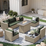POTEBAN Outdoor Patio Furniture Set with Fire Pit Table, 8 Piece Outdoor Sectional Sofas, All-Weather Wicker Patio Conversation Set for Garden, Green