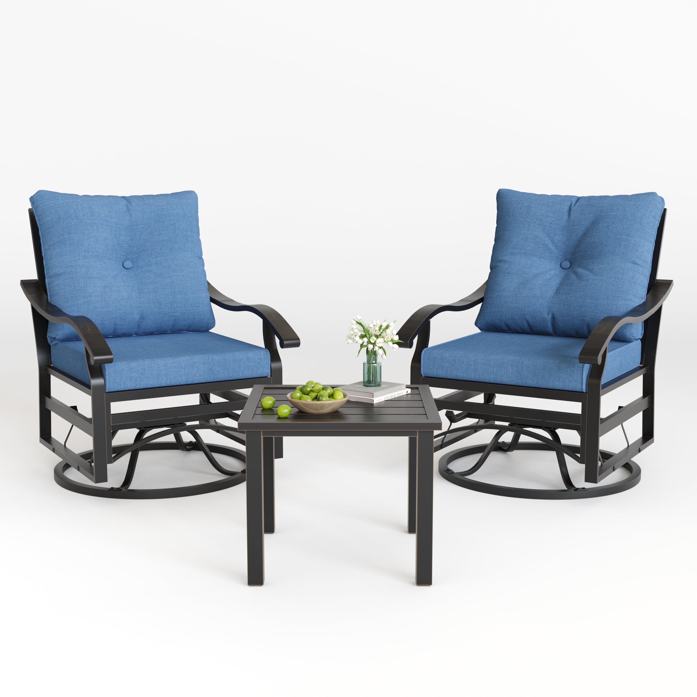 POTEBAN Outdoor Swivel Rocker Chairs, 3 Piece Metal Patio Rocking Chairs with Padded Cushions Patio Bistro Furniture Set with Side Table for Porch Balcony Backyard, Blue