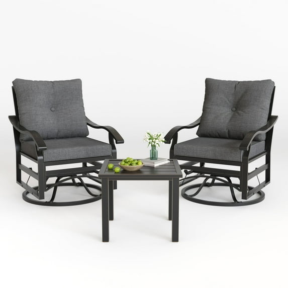 POTEBAN Outdoor Swivel Rocker Chairs, 3 Piece Metal Patio Rocking Chairs with Padded Cushions Patio Bistro Furniture Set with Side Table for Porch Balcony Backyard, Grey