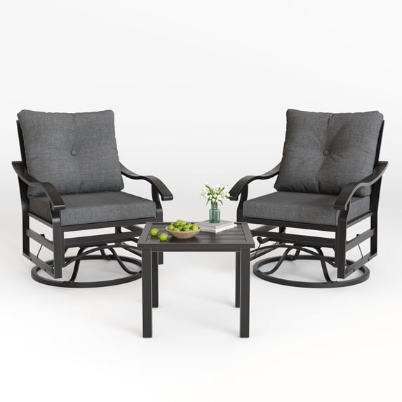 POTEBAN Outdoor Swivel Rocker Chairs, 3 Piece Metal Patio Rocking Chairs with Padded Cushions Patio Bistro Furniture Set with Side Table for Porch Balcony Backyard, Grey