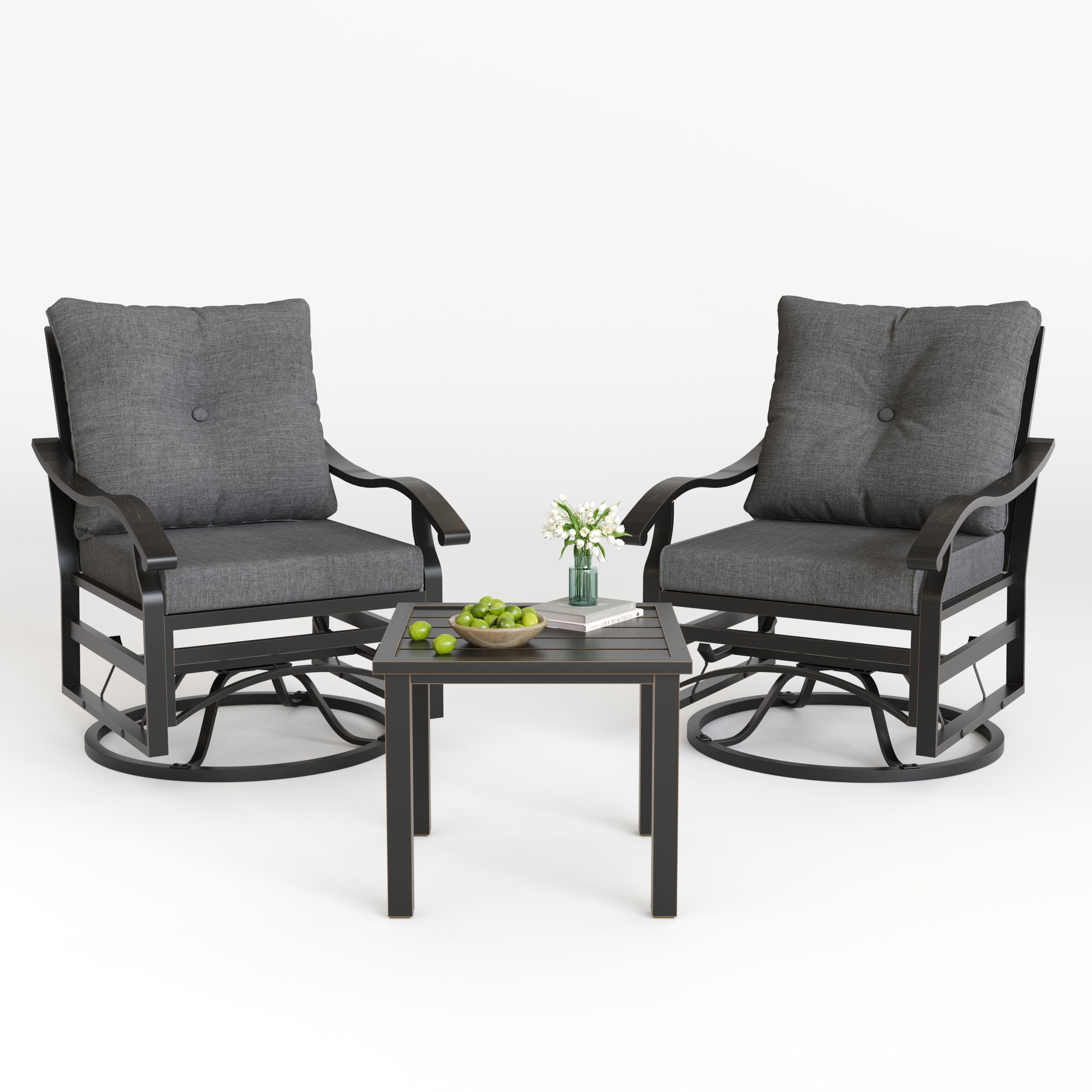 POTEBAN Outdoor Swivel Rocker Chairs, 3 Piece Metal Patio Rocking Chairs with Padded Cushions Patio Bistro Furniture Set with Side Table for Porch Balcony Backyard, Grey