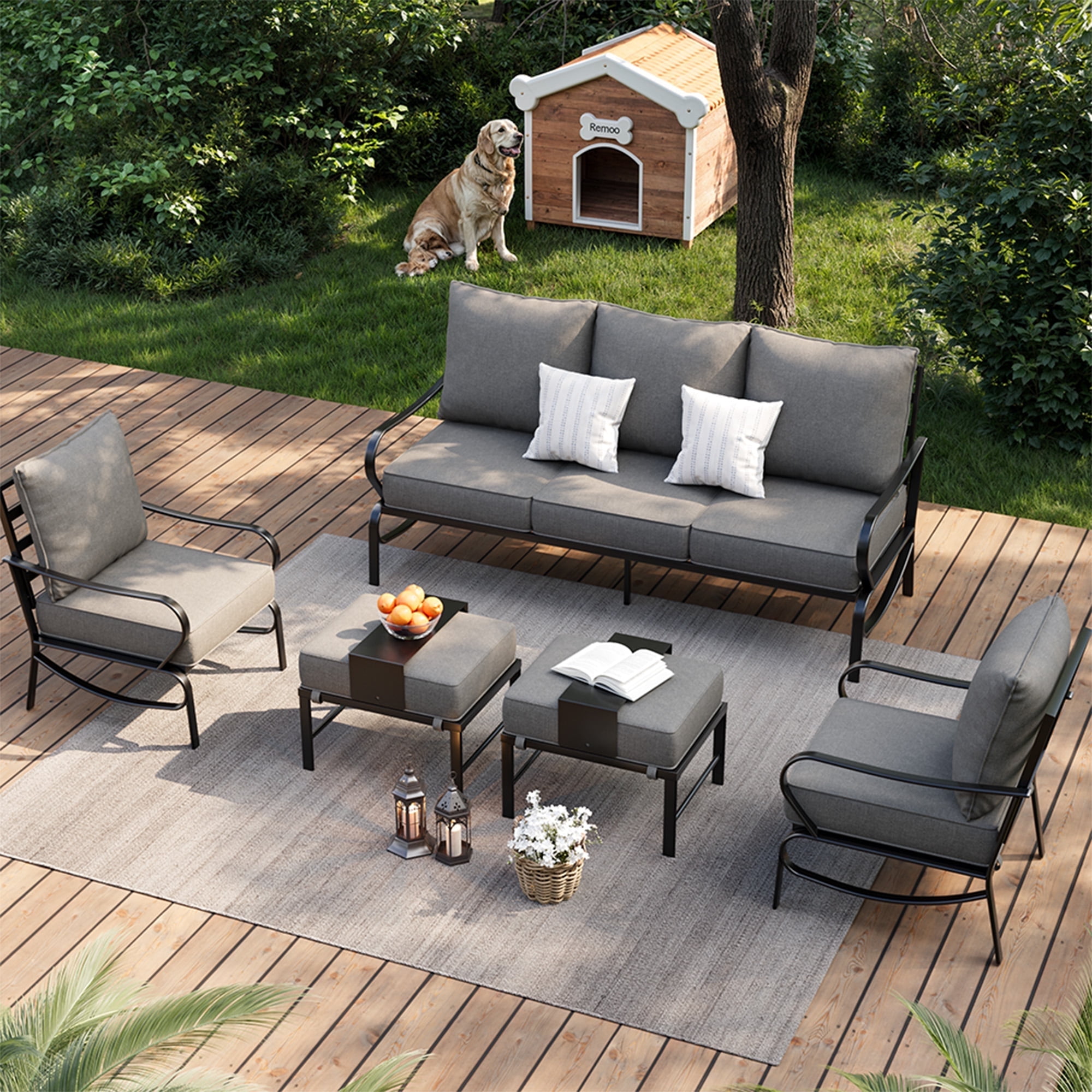 POTEBAN Patio Furniture Metal Outdoor Set 5 Pcs, Outdoor Patio Furniture Set, Modern Furniture Sets with Chairs for Lawn Deck Poolside,Grey