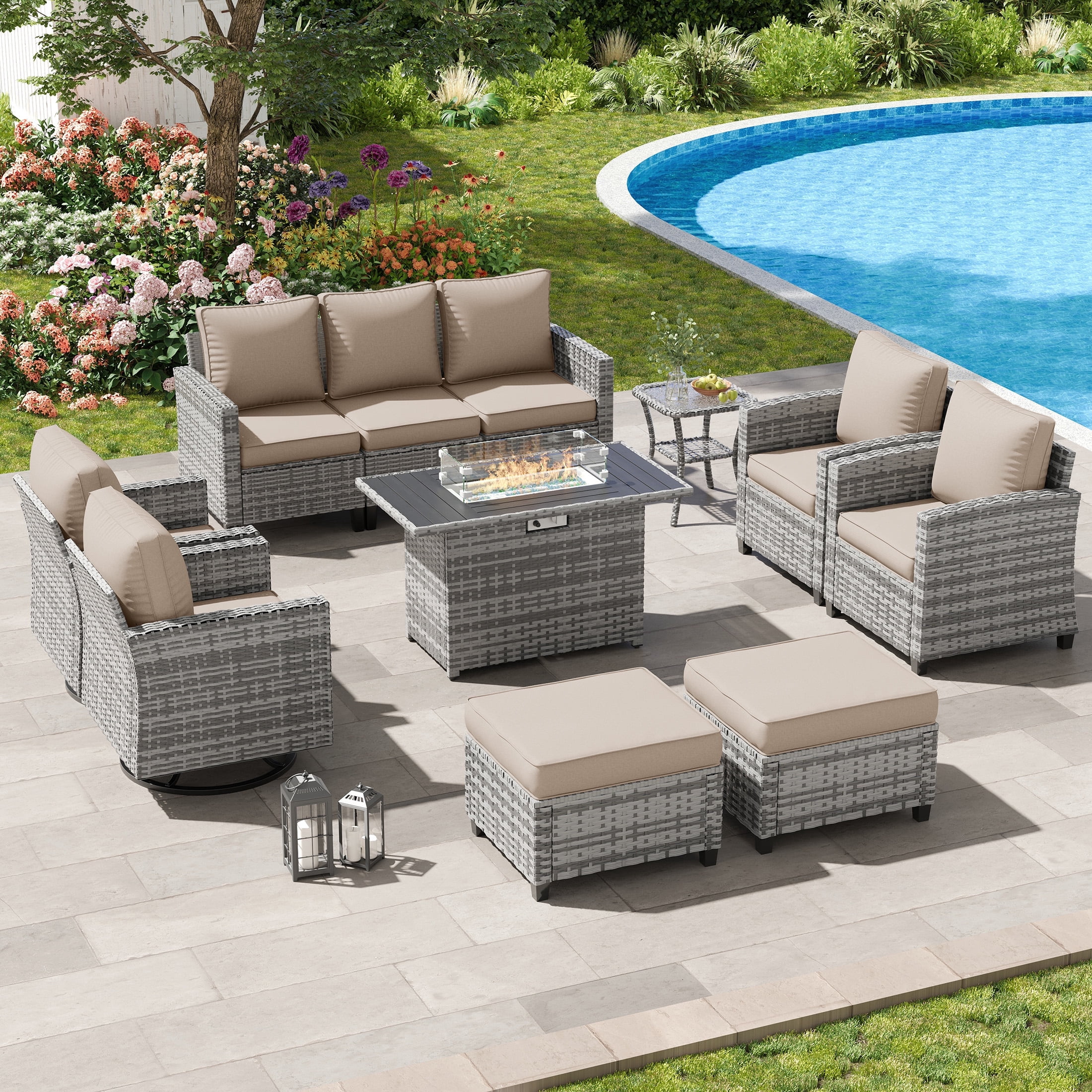 POTEBAN Patio Furniture Set with 44" Fire Pit Table, 9 Pieces Outdoor Sectional Conversation Sets with Swivel Chair & Ottoman for Garden Backyard Deck, Khaki