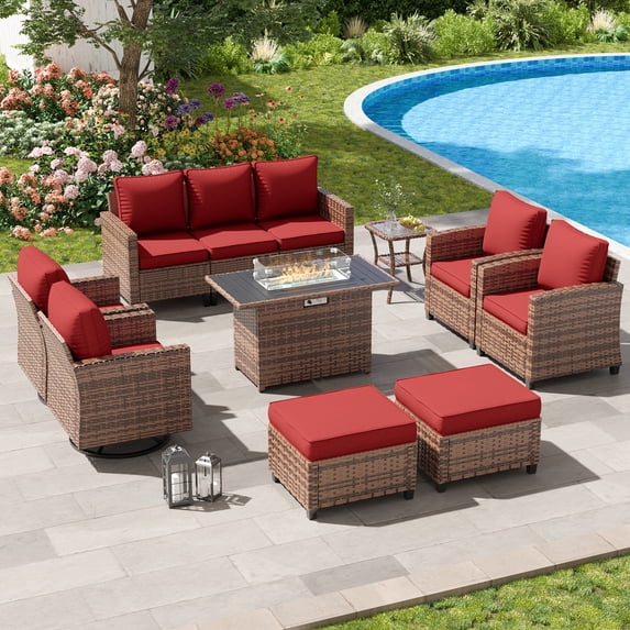 POTEBAN Patio Furniture Set with 44" Fire Pit Table, 9 Pieces Outdoor Sectional Conversation Sets with Swivel Chair & Ottoman for Garden Backyard Deck, Wine Red