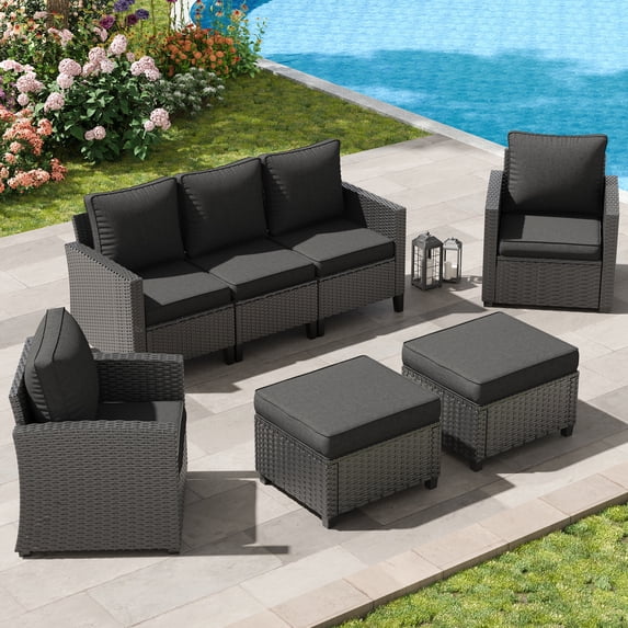POTEBAN Patio Furniture Set, 5 Pieces Outdoor Sectional Sofa Set, All-Weather Wicker Rattan High Back Outdoor Conversation Set with Ottoman for Poolside, Backyard, Black Wicker Back Cushions