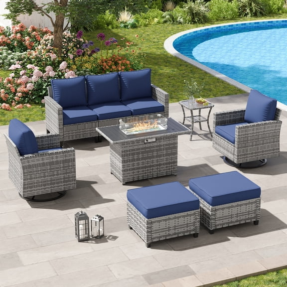POTEBAN Patio Furniture Set with 44" Fire Pit Table, 7 Pieces Outdoor Sectional Couch, Grey Wicker Rattan Conversation Sofa with Swivel Chair for Garden Backyard Deck, Navy Blue
