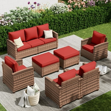 POTEBAN Patio Furniture Set, 7 Pieces Outdoor Sectional Sofa Couch with Chairs, Ottomans and Comfy Cushions, All Weather Wicker Rattan Patio Conversation Set for Garden Backyard Wine Red