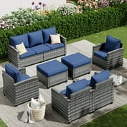 POTEBAN Patio Furniture Set, 7 Pieces Outdoor Sectional Sofa Couch with Chairs, Ottomans and Comfy Cushions, All Weather Wicker Rattan Patio Conversation Set for Garden Backyard Navy Blue