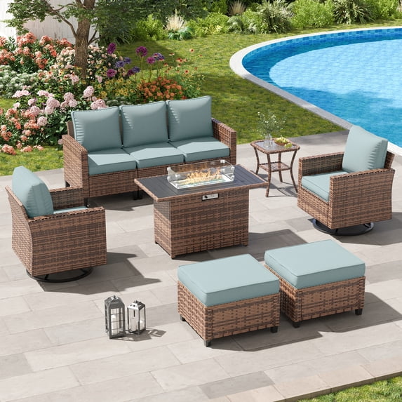 POTEBAN Patio Furniture Set with 44" Fire Pit Table, 7 Pieces Outdoor Sectional Couch, Brown Wicker Rattan Conversation Sofa with Swivel Chair for Garden Backyard Deck, Light Blue
