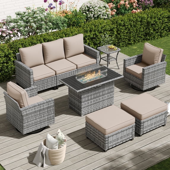 POTEBAN Patio Furniture Set with 44" Fire Pit Table, 7 Pieces Outdoor Sectional Couch, Grey Wicker Rattan Conversation Sofa with Swivel Chair for Garden Backyard Deck, Khaki