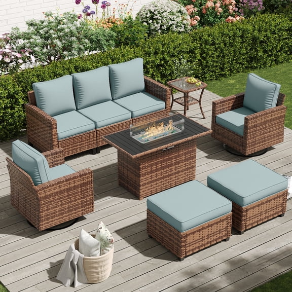 POTEBAN Patio Furniture Set with 44" Fire Pit Table, 7 Pieces Outdoor Sectional Couch, Brown Wicker Rattan Conversation Sofa with Swivel Chair for Garden Backyard Deck, Light Blue