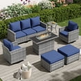 thumbnail image 1 of POTEBAN Patio Furniture Set with 44" Fire Pit Table, 7 Pieces Outdoor Sectional Couch, Grey Wicker Rattan Conversation Sofa with Swivel Chair for Garden Backyard Deck, Navy Blue, 1 of 9