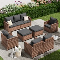 POTEBAN Patio Furniture Set, 7 Pieces Outdoor Sectional Sofa Couch with Chairs, Ottomans and Comfy Cushions, All Weather Wicker Rattan Patio Conversation Set for Garden Backyard Dark Grey