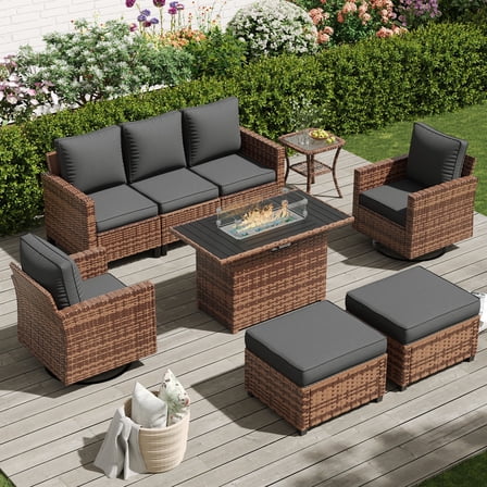 POTEBAN Patio Furniture Set with 44" Fire Pit Table, 7 Pieces Outdoor Sectional Couch, Black Wicker Rattan Conversation Sofa with Swivel Chair for Garden Backyard Deck, Dark Grey