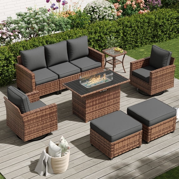 POTEBAN Patio Furniture Set with 44" Fire Pit Table, 7 Pieces Outdoor Sectional Couch, Black Wicker Rattan Conversation Sofa with Swivel Chair for Garden Backyard Deck, Dark Grey