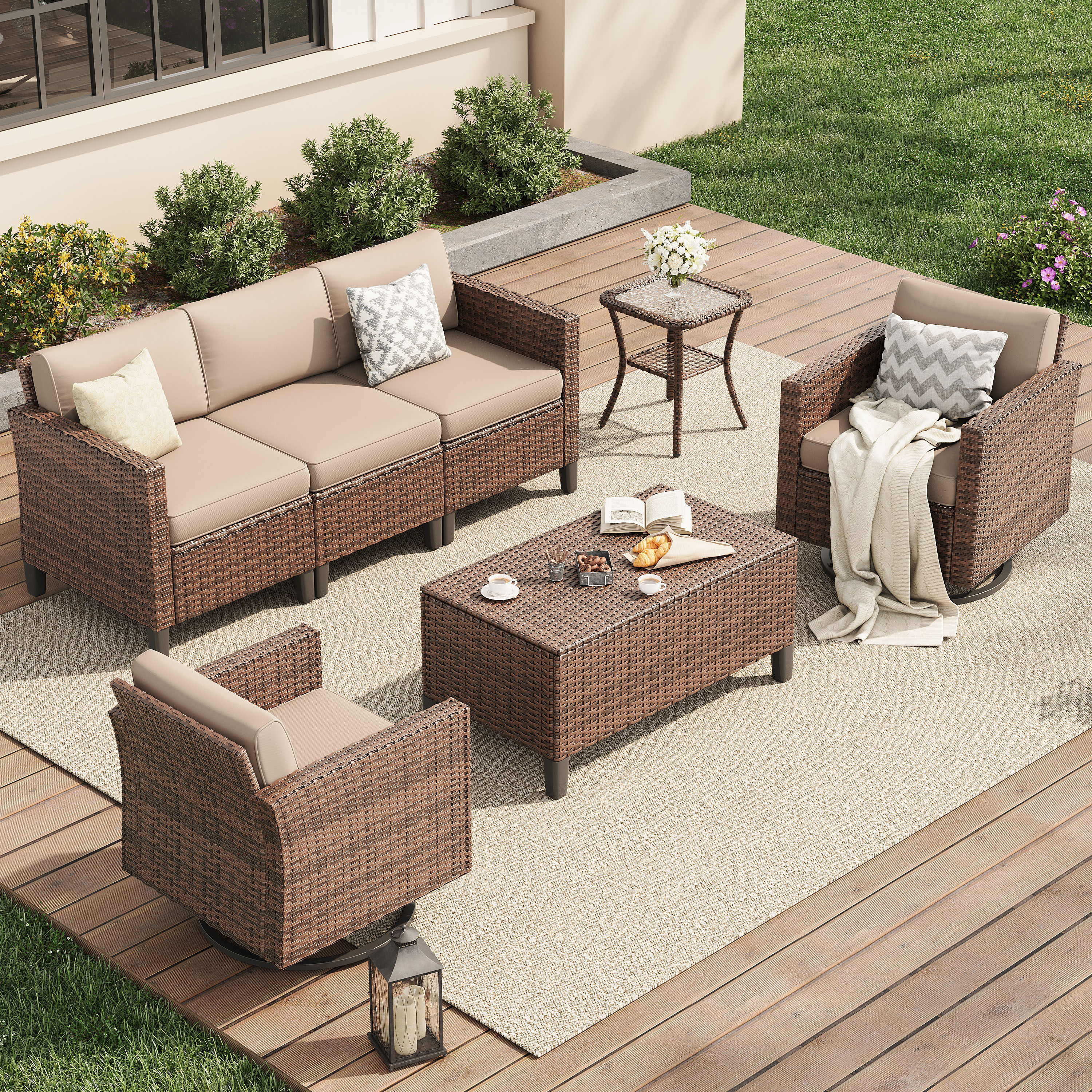 POTEBAN Patio Set, 7 Pieces Outdoor Furniture Sets with Rocking Swivel Chairs, Wicker Rattan, Waterproof Covers for Backyard