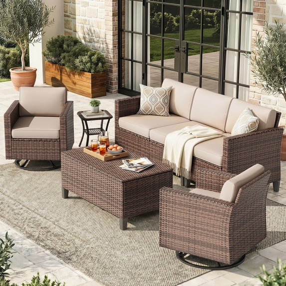 POTEBAN Patio Set, 7 Pieces Outdoor Furniture Sets with Rocking Swivel Chairs, Wicker Rattan, Waterproof Covers for Backyard