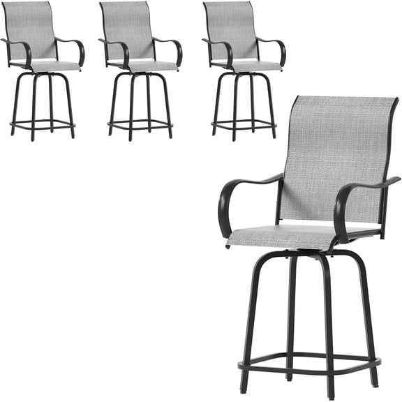 POTEBAN Patio Swivel Bar Stools Chair of 4, Outdoor Bar Heigt Set, All Weather High Back and Armrest Rocking Stools & Bar Chairs for Backyard, Lawn Garden, Balcony and Pool,Gray&White