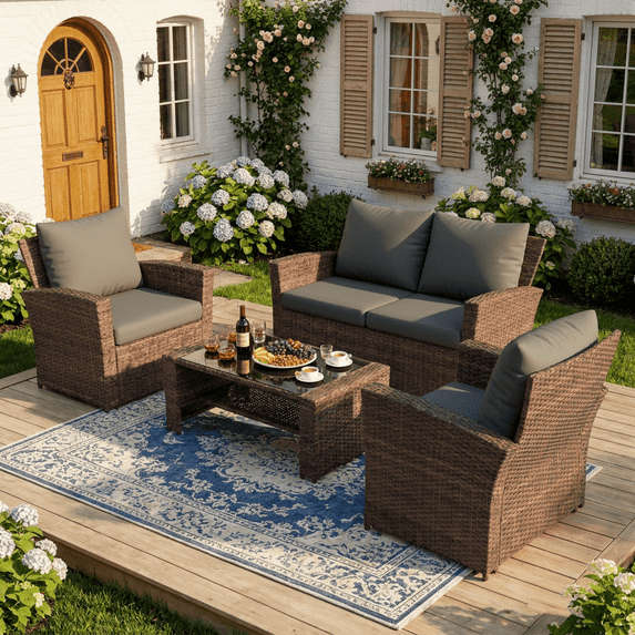 POTEBAN Patio Wicker Furniture Set, 4-Piece Wicker Outdoor Conversation Set with Coffee Table, Brown Rattan Sofa Set for Balcon, Backyard, Grey