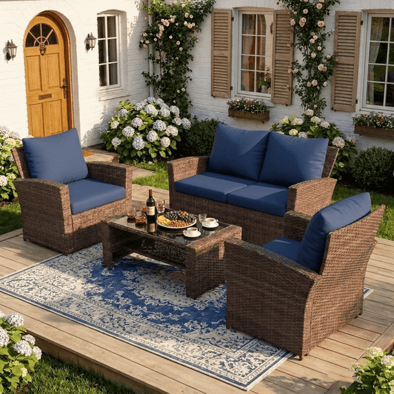 POTEBAN Patio Wicker Furniture Set, 4-Piece Wicker Outdoor Conversation Set with Coffee Table, Brown Rattan Sofa Set for Balcon, Backyard, Navy Blue
