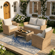 POTEBAN Patio Wicker Furniture Set, 4-Piece Wicker Outdoor Conversation Set with Coffee Table, Yellow Rattan Sofa Set for Balcon, Backyard, Beige