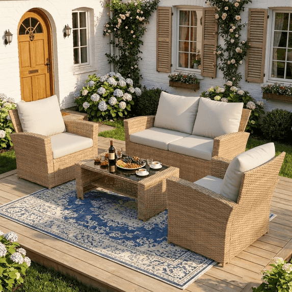 POTEBAN Patio Wicker Furniture Set, 4-Piece Wicker Outdoor Conversation Set with Coffee Table, Yellow Rattan Sofa Set for Balcon, Backyard, Beige