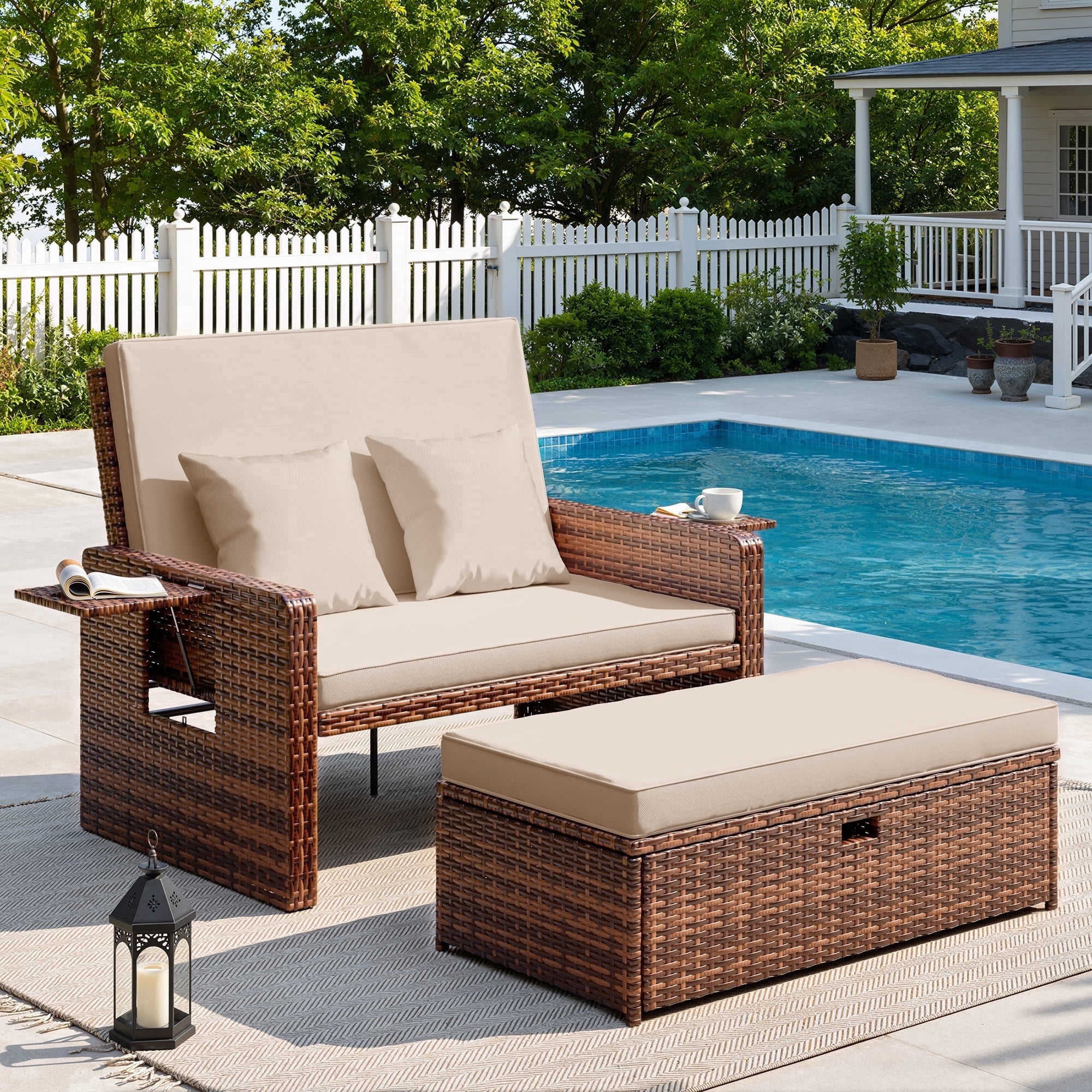 POTEBAN Wicker Outdoor Daybed-Outdoor Loveseat with Storage Ottoman, 4-Level Adjustable Backrest & Cushions for Balcony, Garden, Poolside (Beige)