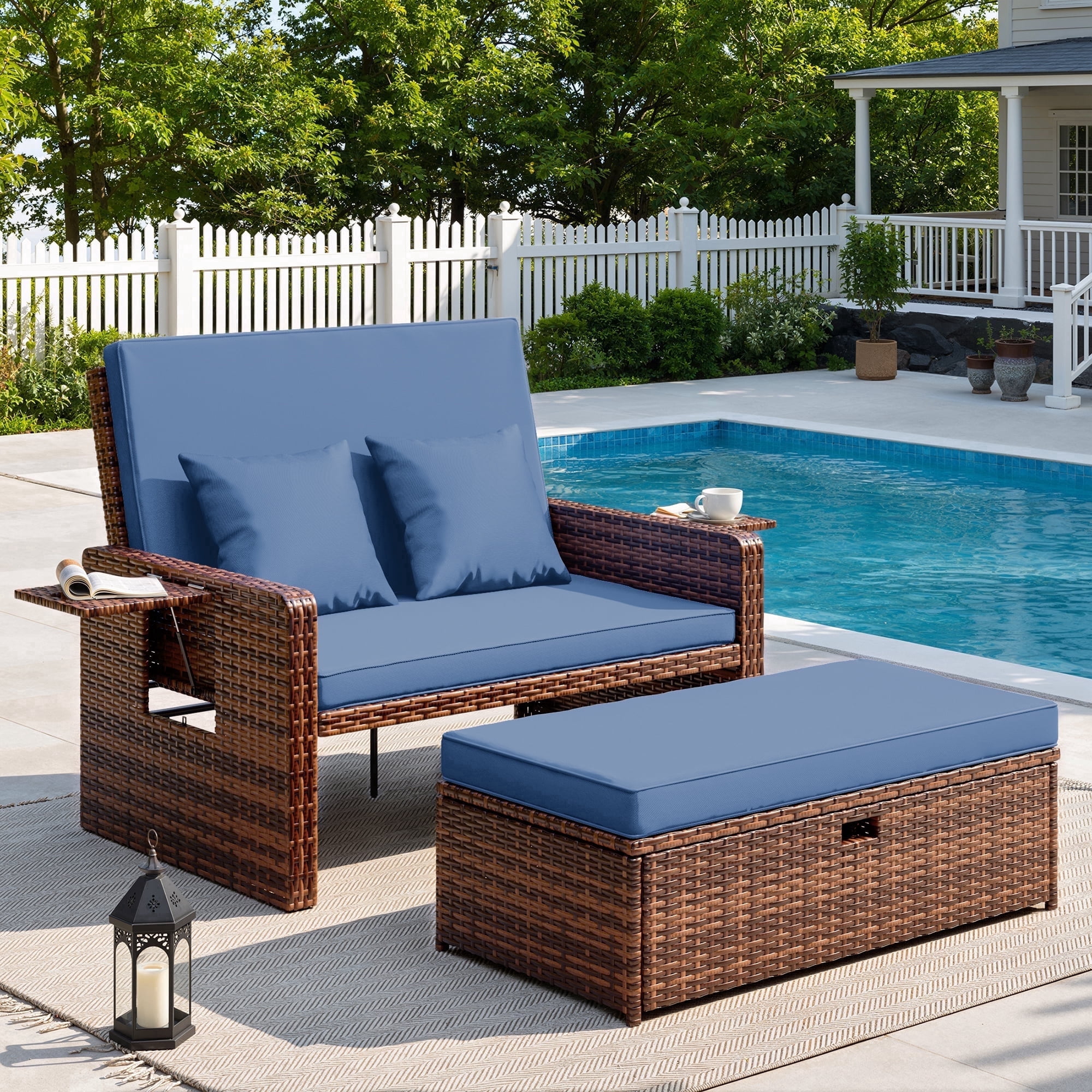 POTEBAN Wicker Outdoor Daybed-Outdoor Loveseat with Storage Ottoman, 4-Level Adjustable Backrest & Cushions for Balcony, Garden, Poolside (Blue)