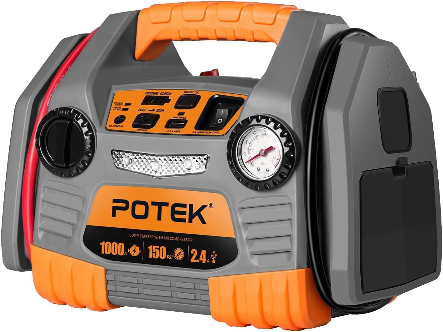 POTEK Car Jump Starter with 150 PSI Air compressor,1000 Peak/500 Instant Amps with USB Port to
