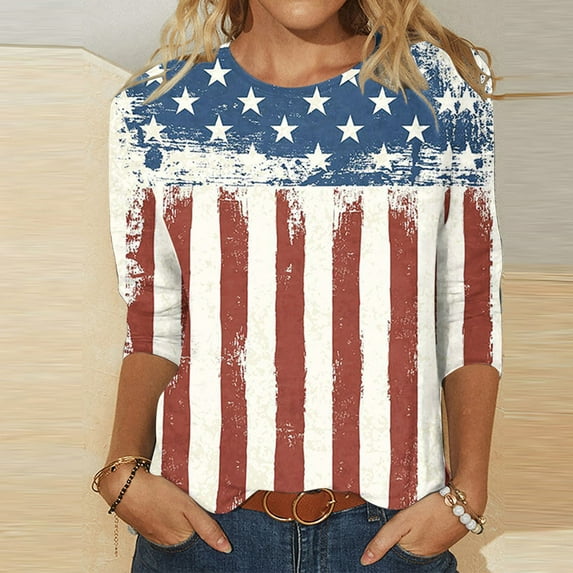 POTETI 4th of July Shirts for Women Independence Day Holiday 3/4 Sleeve Crew Neck Star Print Tee Shirt Tops