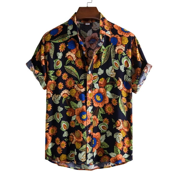 POTETI Beach Mens Shirts Cotton Linen Hawaii Short Sleeve Button Down Shirts