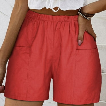 POTETI Bermuda Shorts for Women High Waisted Wide Leg Womens Summer Shorts Red Cargo with Pockets Hippie Solid Elastic Shorts