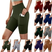 POTETI Biker Shorts for Women Yoga High Waisted Women Shorts Army Green Solid High Stretch Workout with Pockets Athletic Shorts