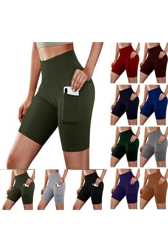 Biker Shorts for Women Yoga High Waisted Women Shorts Army Green Solid High Stretch Workout with Pockets Athletic Shorts